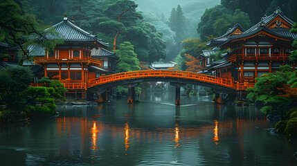 Serene Asian Architecture with Curved Bridge Over Water Illustration