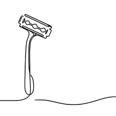 A razor blade is shown in a black and white drawing. The razor blade is leaning on a surface, and the image has a simple, minimalist style