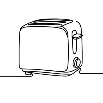 recommend clip art: A toaster is shown in a black and white drawing. The toaster is sitting on a white background