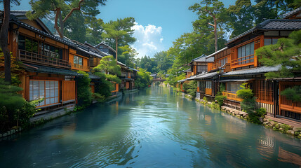 Waterway with Traditional Japanese Houses Illustration