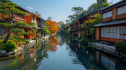 Traditional Japanese Architecture with Water Reflections - Photo