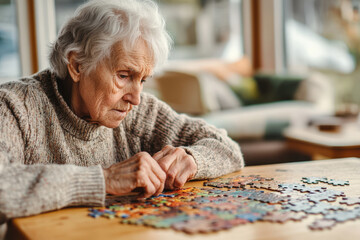 Elderly woman is focused on solving a jigsaw puzzle, engaging in a stimulating activity to maintain cognitive function