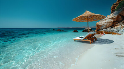 Beach Scene with Lounger and Straw Umbrella - Realistic Photography