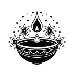 A silhouette vector illustration of a traditional Diwali Diya glowing on a soft pink background.
