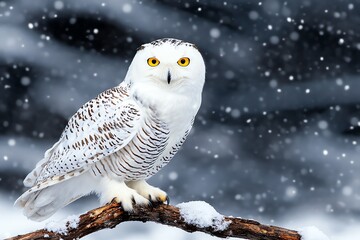 A close-up of a snow owl perched on a branch, with its bright white feathers blending into the snowy background