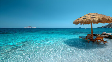 Beach Relaxation with Lounge Chairs and Umbrella - Summer Vacation Photo