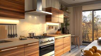 Fototapeta premium Induction stove and oven in a modern kitchen, featuring a range hood and sleek wooden furniture, highlighting home efficiency