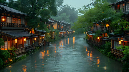 Water Reflections of Illuminated Buildings Along a Canal, Realistic Image