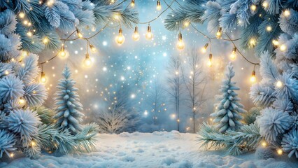 Winter wonderland photo booth with snowy background and illuminated trees
