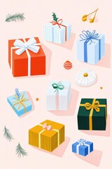 Illustration of various festive gift boxes adorned with bows