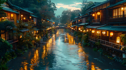 Nighttime View of a Canal in a Traditional Japanese Village - Realistic Image
