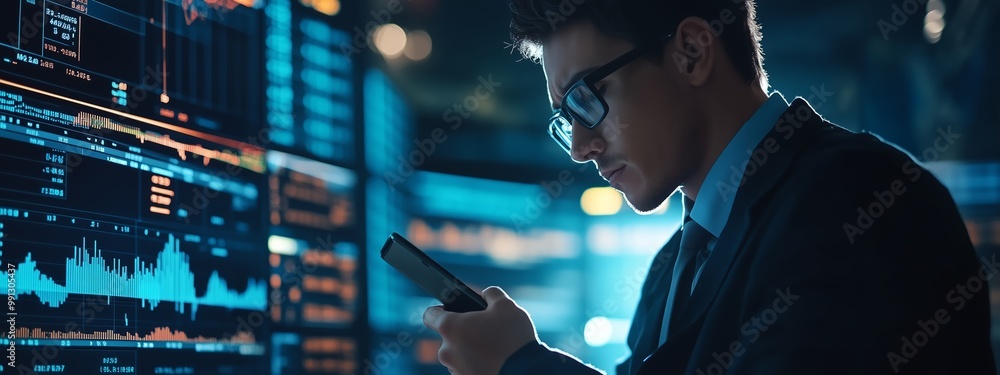 Poster young professional analyzing data on a smartphone while surrounded by digital graphs in a modern off