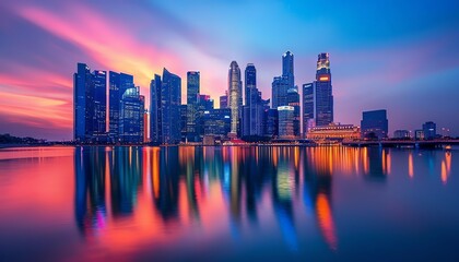 Obraz premium Modern city skyline reflecting on water at sunset, vibrant colors, wideangle view