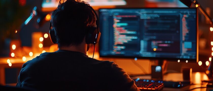Person coding on computer with headphones in a well-lit room.