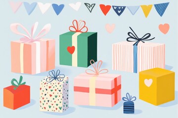 Coloring page featuring adorable gift bags and boxes in vibrant colors Festive presents for a day of love and friendship adorned with hearts symbols of affection and decorative ribbons