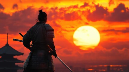 Fototapeta premium Japanese samurai with sword drawn, framed against a breathtaking sunset, evoking the honor and mystique of the warrior code
