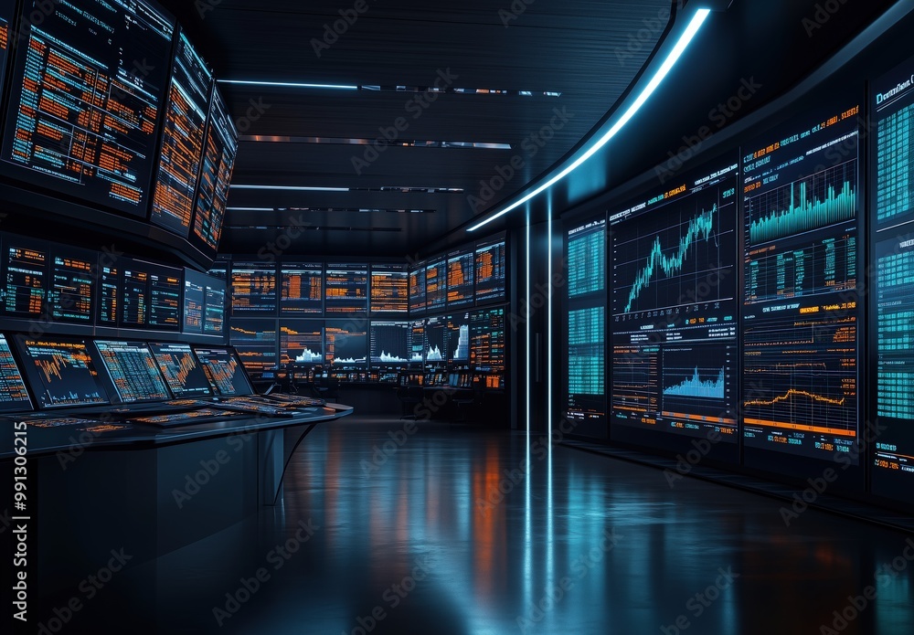 Poster stock market trading room with multiple charts and graphs displayed on large screens