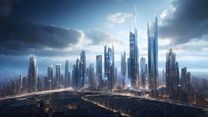 Obraz premium A Breathtaking View of a Futuristic Skyline at Dusk With Towering Skyscrapers and Dramatic Cloud Formations