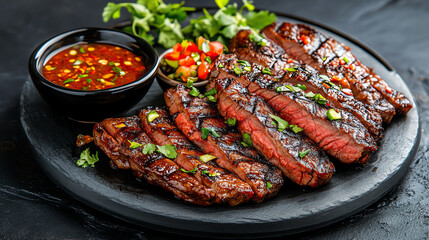 Grilled steak served with salsa, fresh herbs, and sauce