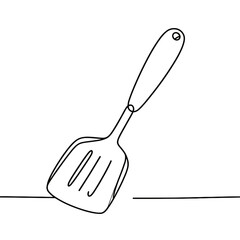 A black and white drawing of a spatula. The spatula is shown in a single line, with the handle and the flat part of the spatula clearly visible. Concept of simplicity and minimalism