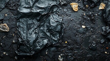 Close-Up of Plastic Pollution: A ground-level image focuses on the texture and accumulation of torn black plastic bags interspersed with debris, emphasizing the harsh reality of plastic waste. 