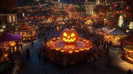 Fototapeta premium A 3D Halloween festival in a town square, with colorful booths selling candy and pumpkins.
