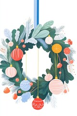 Coloring page of a festive Christmas wreath adorned with ornaments