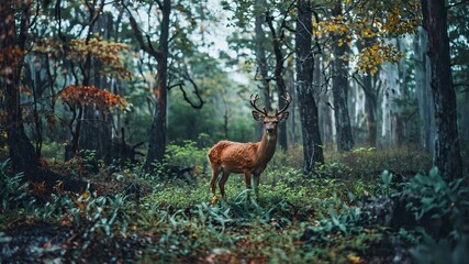 Alone deer in the forest facing to camera 