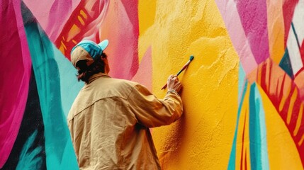 Male artist painting a vibrant mural on a city wall.