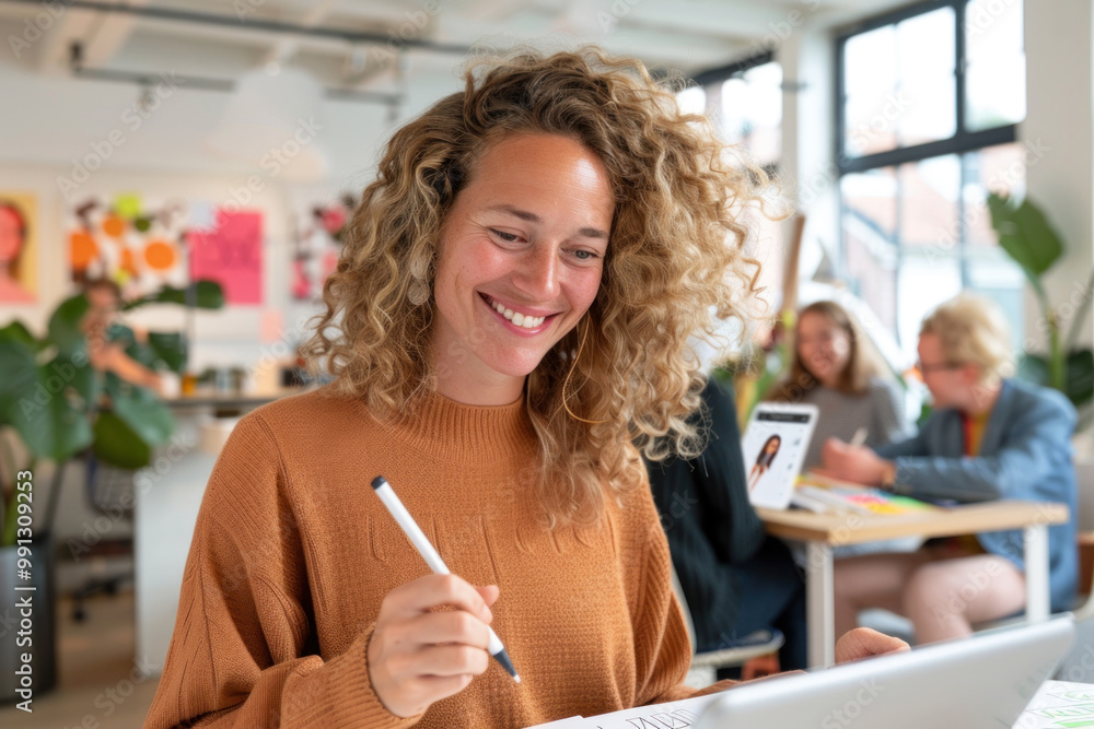 Poster smiling ux designer sketching wireframes on a tablet, while a multicultural team discusses user expe