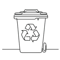 A black trash can with a recycle sign on it. The trash can is placed on a surface