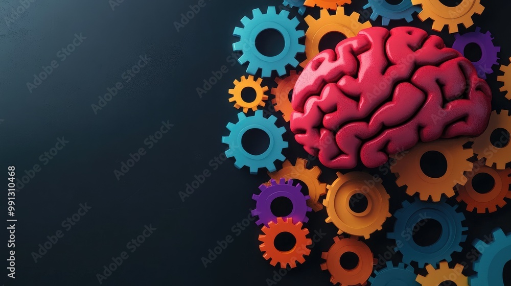 Poster A brain with interlocking colorful gears, symbolizing problem-solving, creativity, and smart thinking in an innovative context
