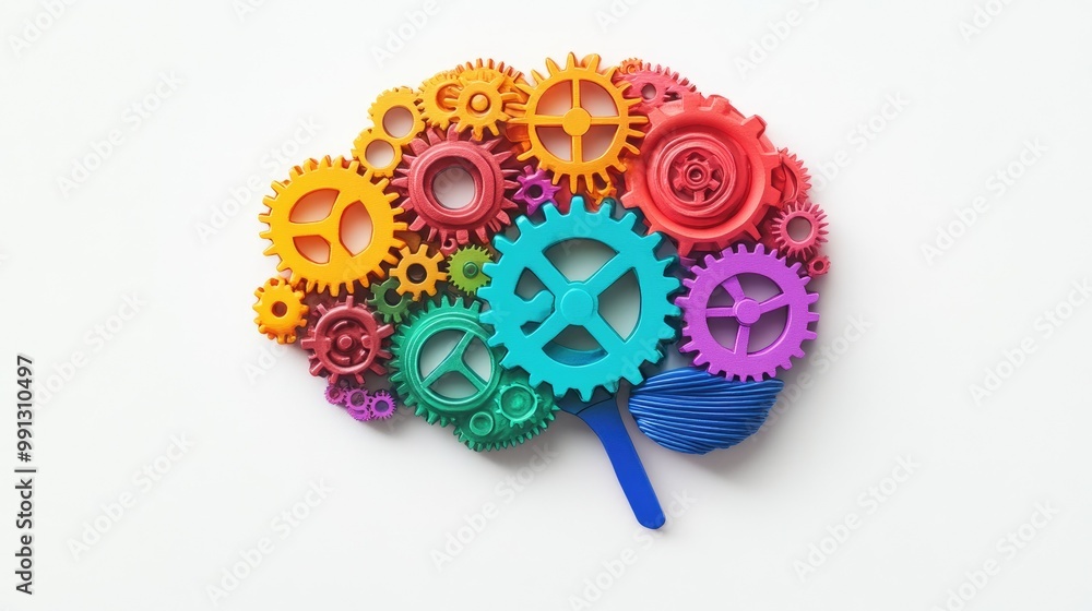 Poster a brain with interlocking colorful gears, symbolizing problem-solving, creativity, and smart thinkin