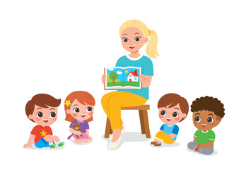 Kindergarten teacher reading and telling a story to children group showing book spread picture. Teacher talks to student sit on floor in circle and listen to her.