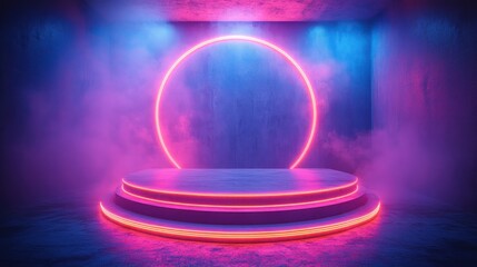 Illuminated platform surrounded by dreamlike neon lights in a misty environment