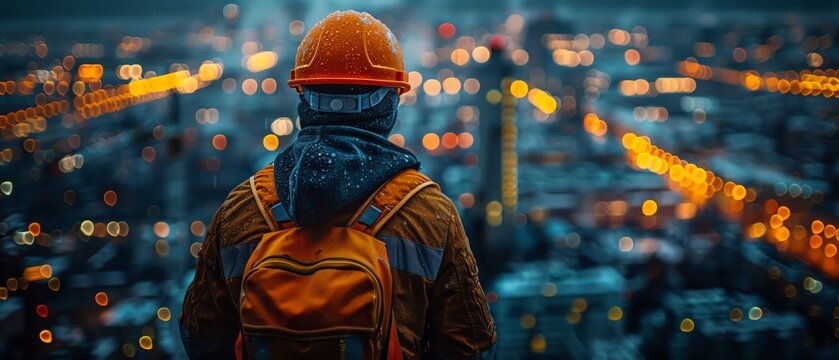 Worker in a hard hat combined with an industrial landscape, industrious and powerful