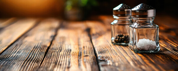 Salt and pepper shakers on wooden table, warm lighting, rustic kitchen vibe.