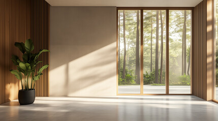 Fototapeta premium Serene Minimalist Interior with Forest Views