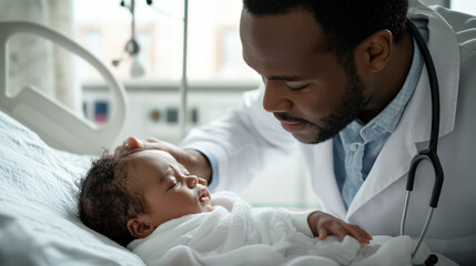 Fototapeta premium African american doctor is checking on a newborn baby boy in a hospital room