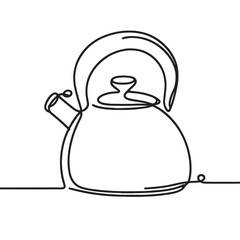 A black and white drawing of a teapot. The teapot is sitting on a table and has a handle