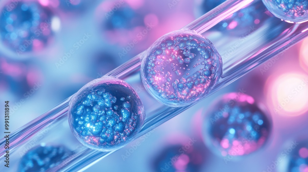 Poster a high-resolution image of stem cells multiplying inside a test tube, representing cutting-edge rese