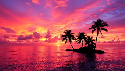 A breathtaking tropical sunset scene unfolds with vibrant hues of orange, pink, and purple engulfing the sky as the sun dips below the horizon, casting a warm glow over the serene ocean. 