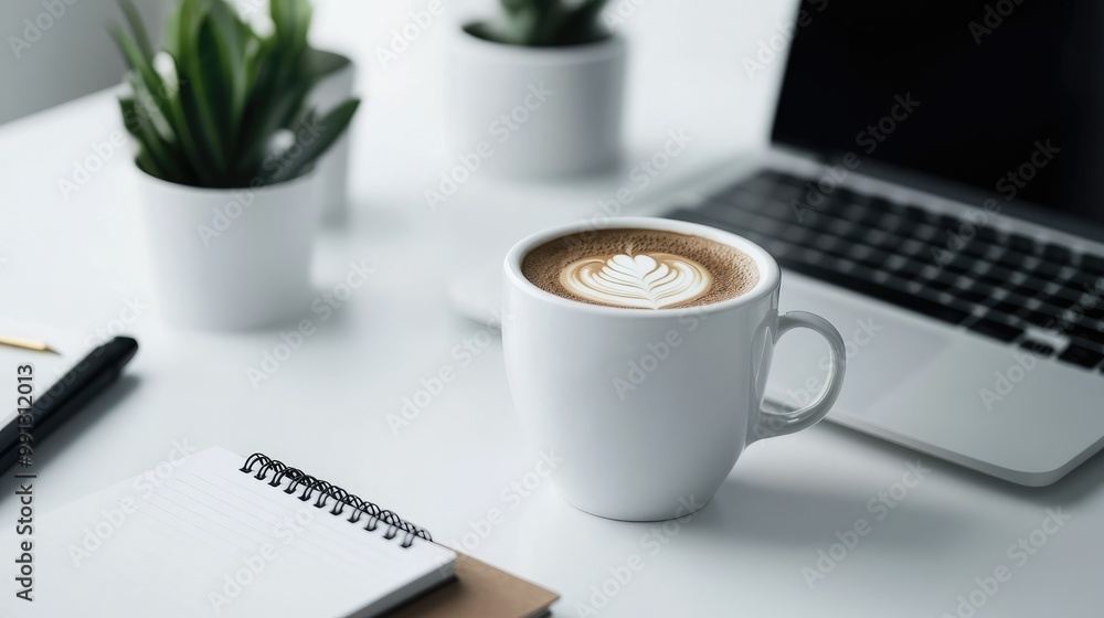 Poster a clean workspace with a laptop, coffee cup, and notepad, emphasizing productivity, efficient workfl