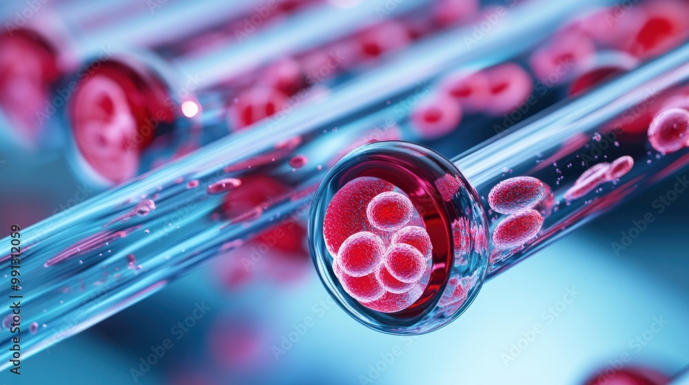 Poster a high-resolution image of stem cells multiplying inside a test tube, representing cutting-edge rese