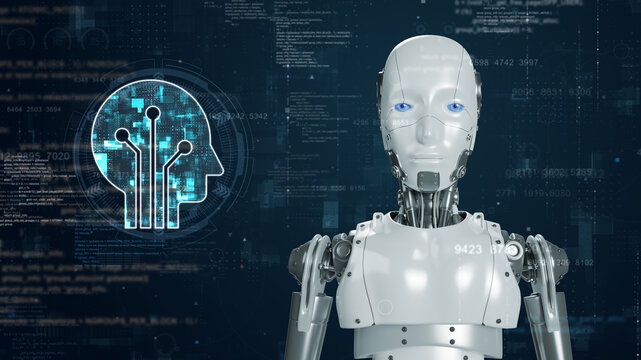 A robot against a high-tech digital background and a glowing robot icon and binary code with artificial intelligence (AI) and robotics and highlighting futuristic technology