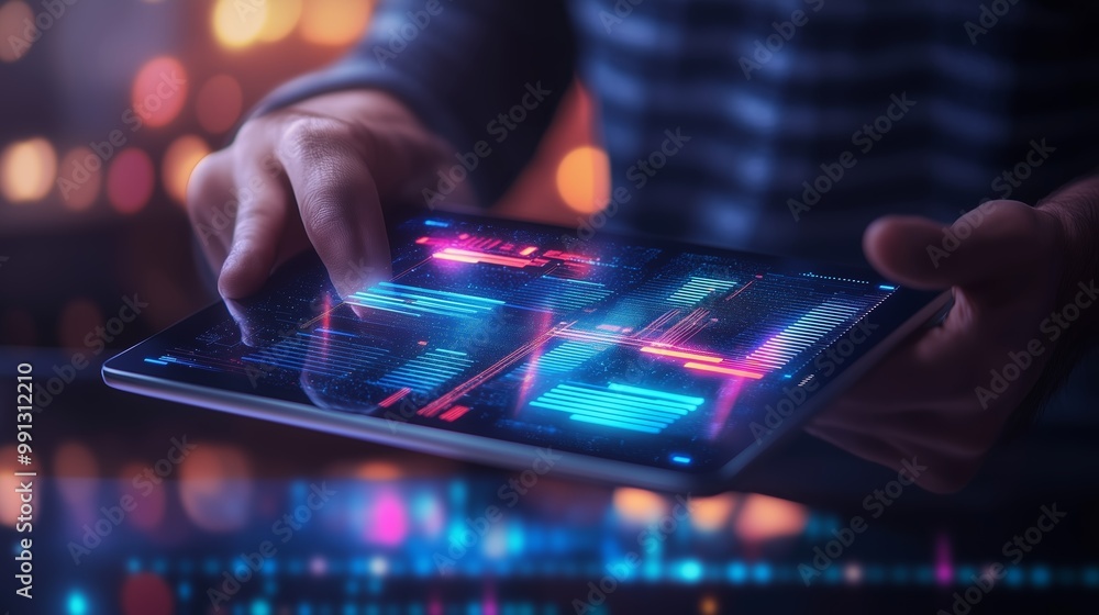 Poster a person engages with a high-tech tablet displaying vibrant data visualizations in a contemporary ur