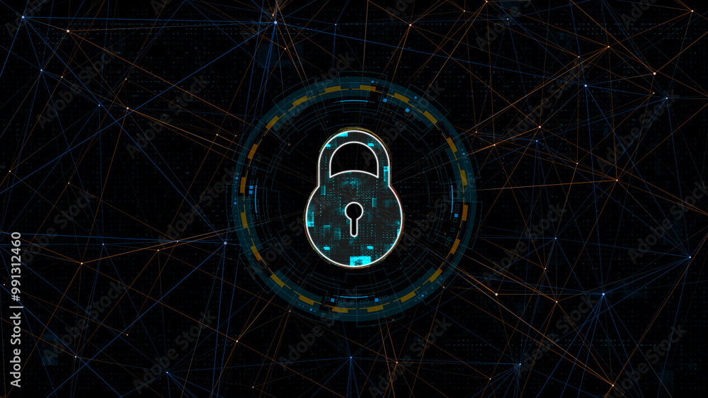 Poster blue digital security key logo with circle futuristic hud elements and orange line connection with n