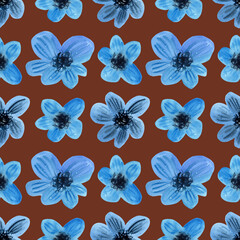 Watercolour brown delicate flowers illustration seamless pattern. On blue background. Hand painted floral elements. Drawn Botanical. For fabric, wallpaper, wrapping. Summer, spring vibes print decor