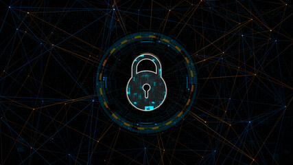 Blue digital security key logo with circle futuristic HUD elements and orange line connection with network firewall technology and data secure concepts abstract background