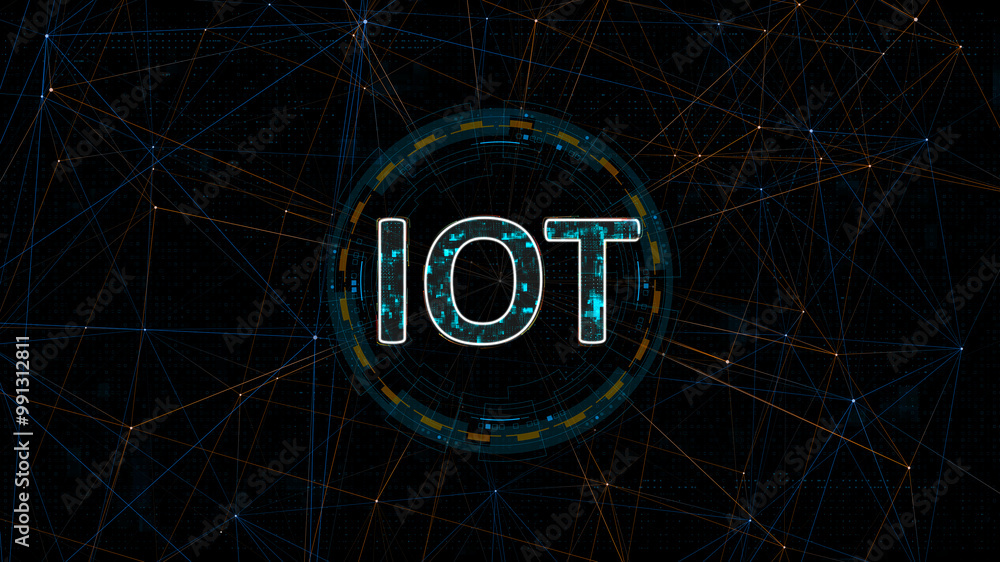 Poster blue digital iot logo with circle futuristic hud elements and orange line connection with internet o